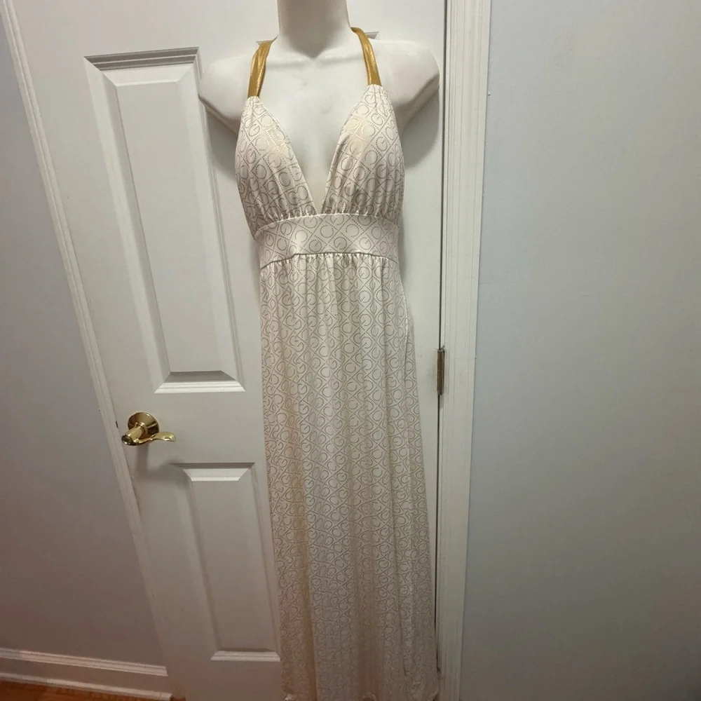 Coogi signature medium maxi halter dress white and gold